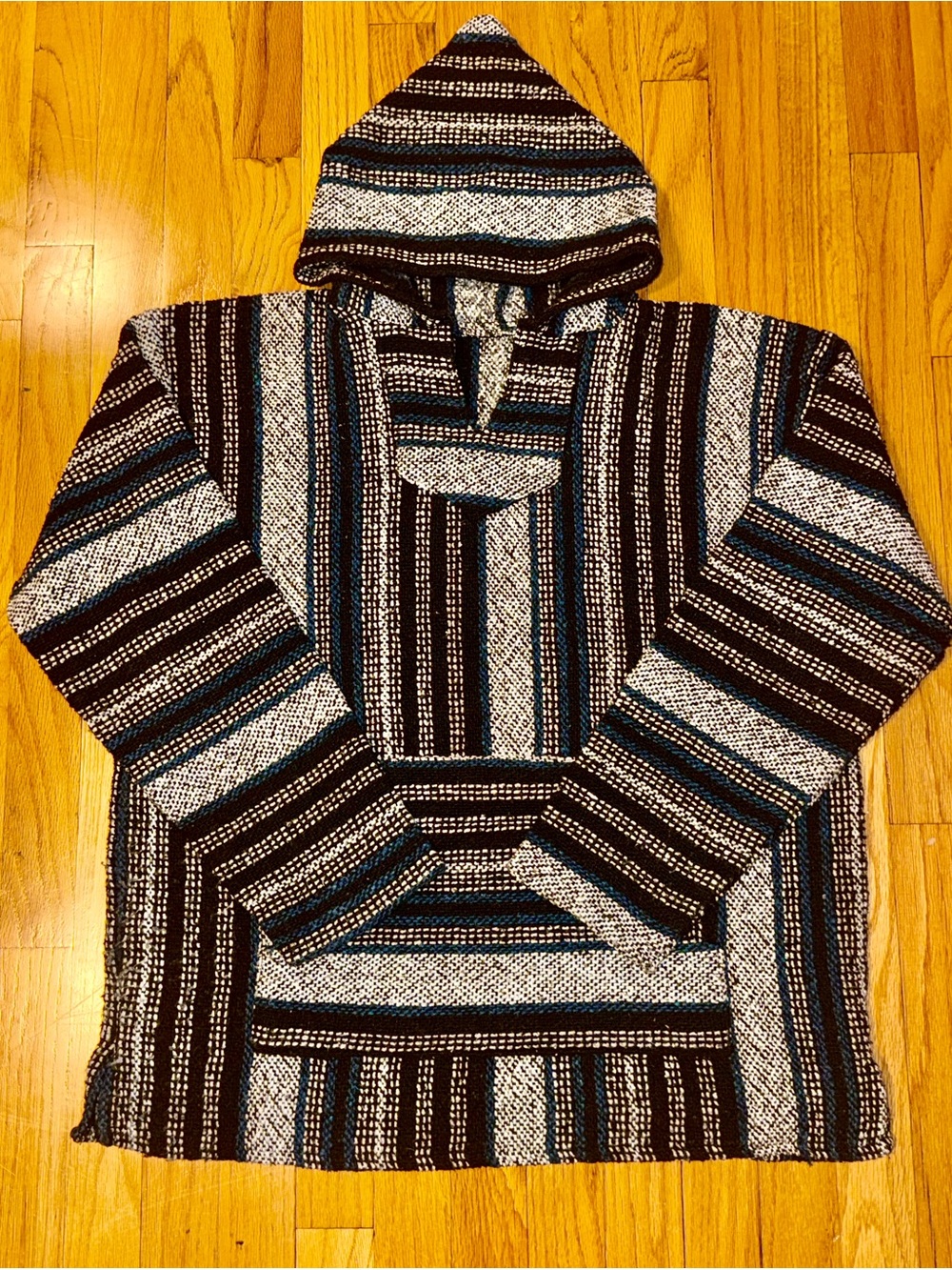 Striped Hooded Baja Knit Sweater - Blue, Black, Cream
